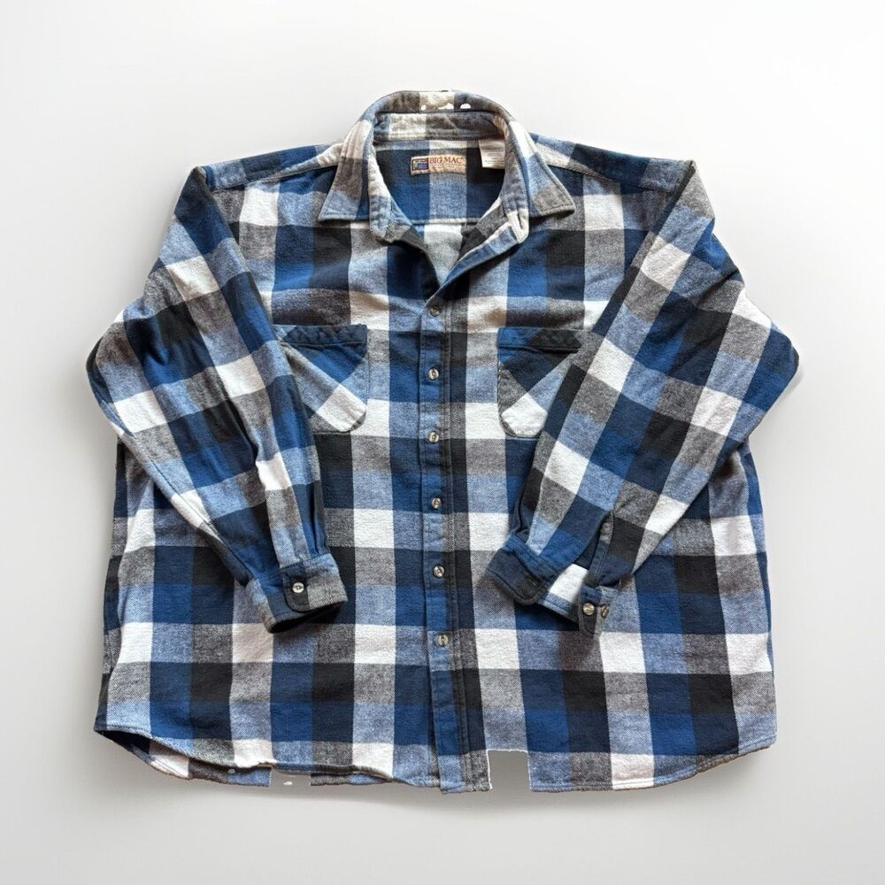 Vintage Big Mac Men's 3XLT Flannel Plaid Button-Up Shirt Pocket Blue Black White